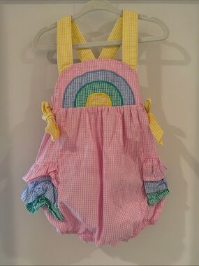 Kids Pink Gingham Rainbow One-Piece Romper with Yellow Straps